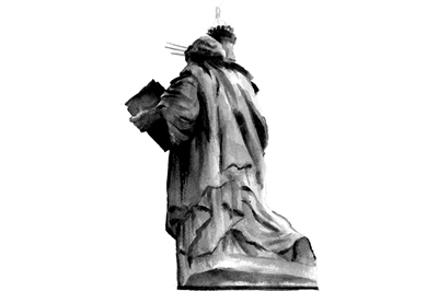 [ai] A monochrome sketch of a statue viewed from behind, showcasing flowing drapery. The figure appears to hold a book in one hand and has a crown with spikes on the head.
